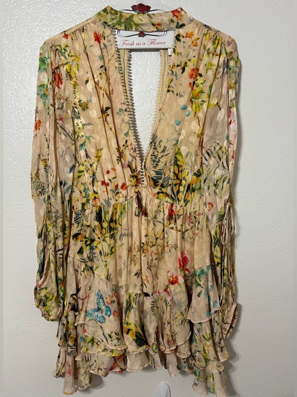 Hemant & Nandita Floral Mini Dress Boho Metallic Gold Print Ruffle Tiered Small